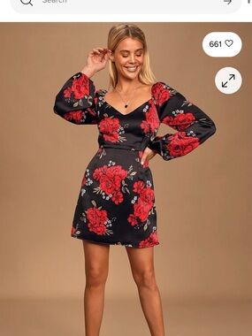 Lulu's Black Mini Dress with Red Floral Print/ woman’s S